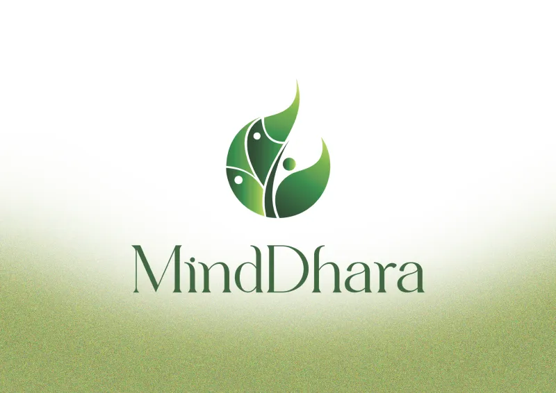 MindDhara wordmark in dark forest green with organic leaf-and-figure icon on a white-to-green gradient background
