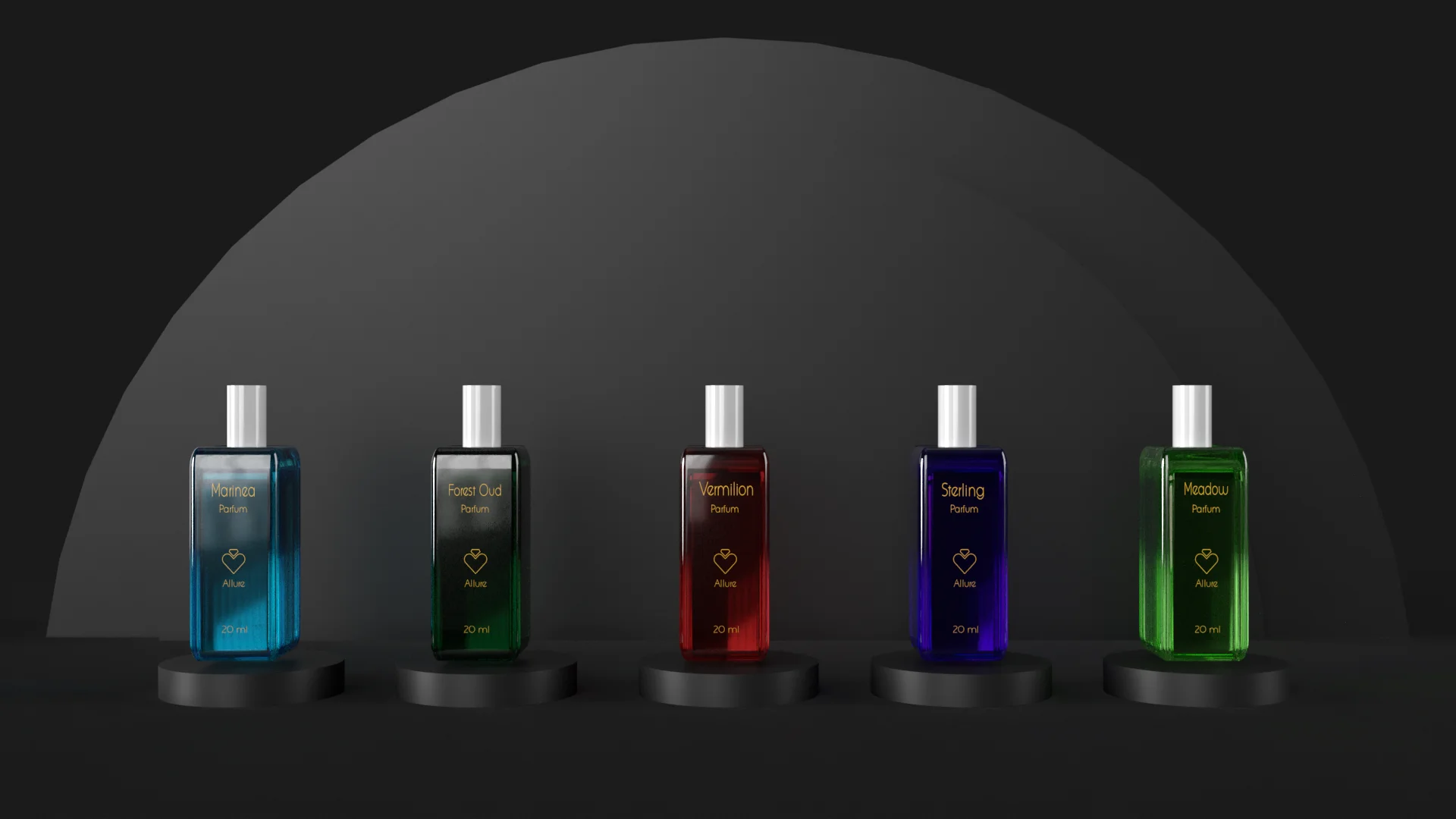 Five 20ml Allure parfum bottles in a row on pedestal stands: Marinea in teal, Forest Oud in dark green, Vermilion in red, Sterling in cobalt, Meadow in bright green