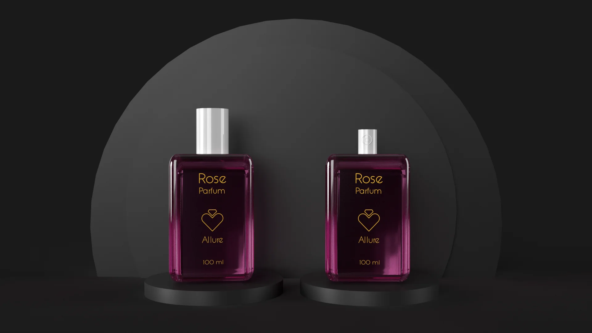 Two Rose parfum 100ml bottles in deep rose-burgundy glass, front and back visible, on pedestal stands