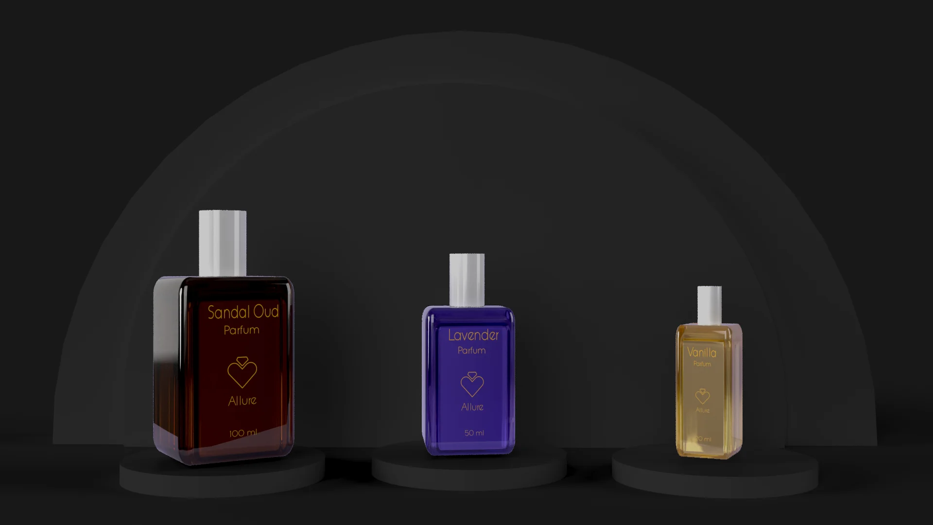 Three Allure parfum bottles at different sizes (Sandal Oud in amber, Lavender in purple, Vanilla in gold-yellow) showing the label system across formats