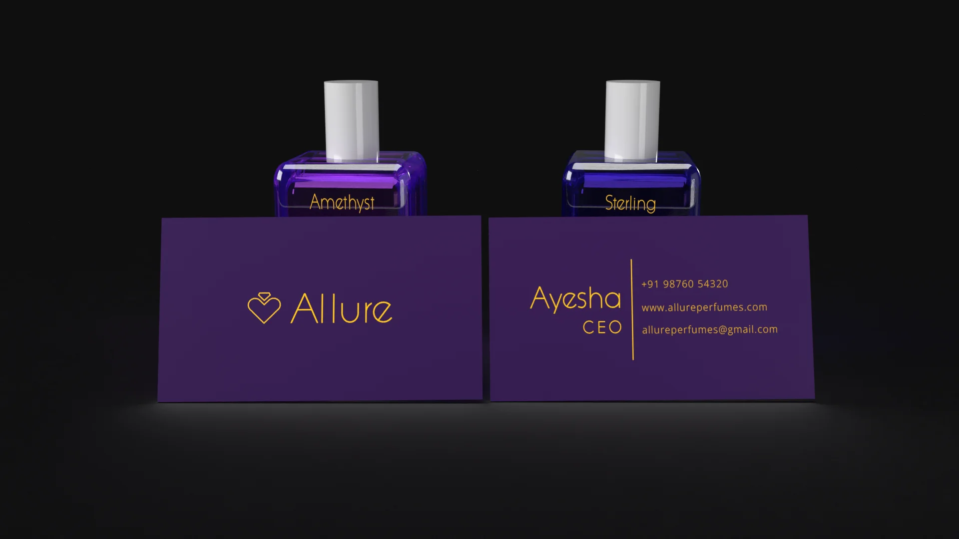 Allure business card front and back: front shows gold wordmark on deep purple, back shows contact details with gold vertical rule divider