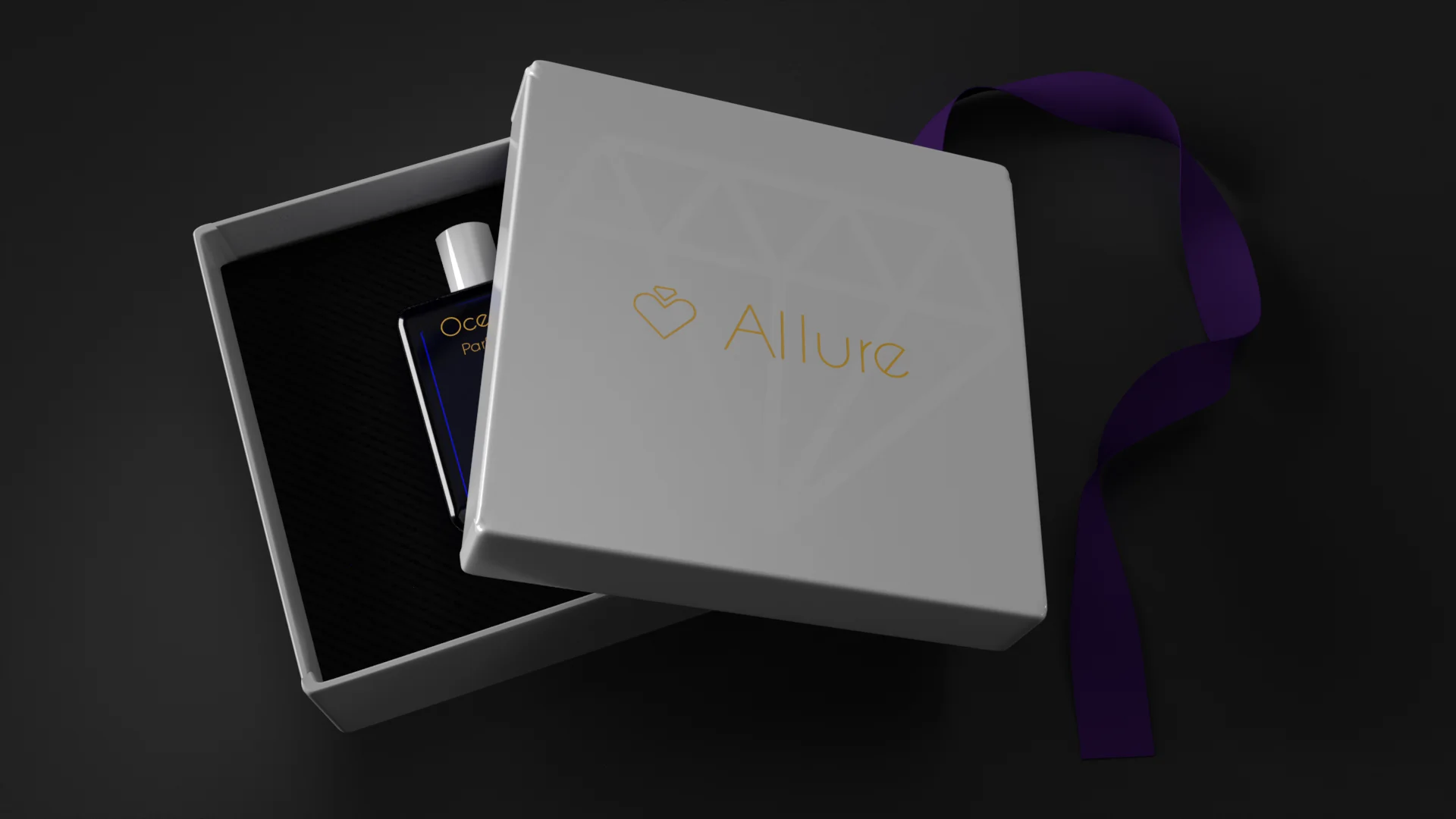 Allure gift box open at an angle showing product nestled in black interior with purple ribbon trailing to the right, gold Allure wordmark on the white box lid