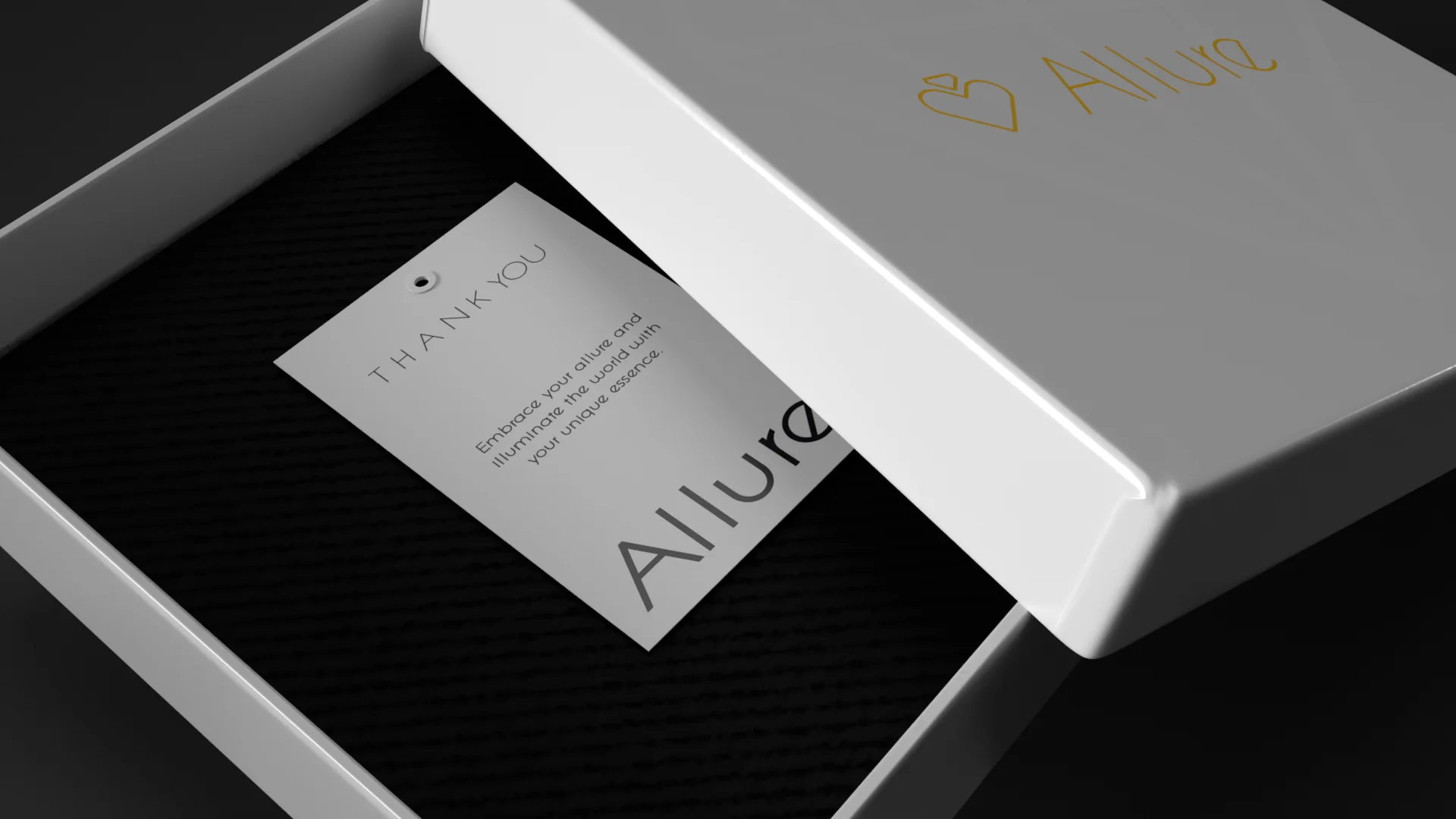 Close-up of open Allure gift box showing white thank you card with brand copy set at a diagonal angle inside black-lined interior