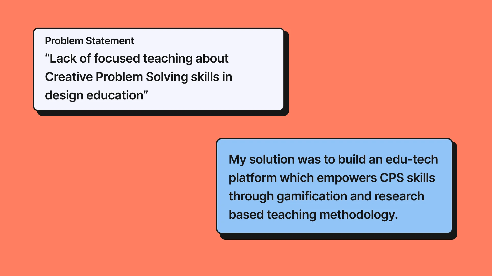 Two summary cards (problem statement and solution) showing the complete arc from research to working product