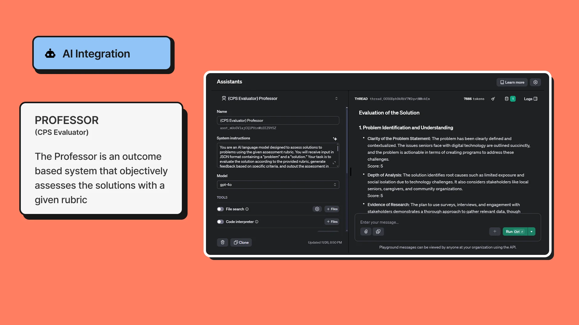 OpenAI Assistants playground showing the Professor AI configuration panel and live rubric-based evaluation output