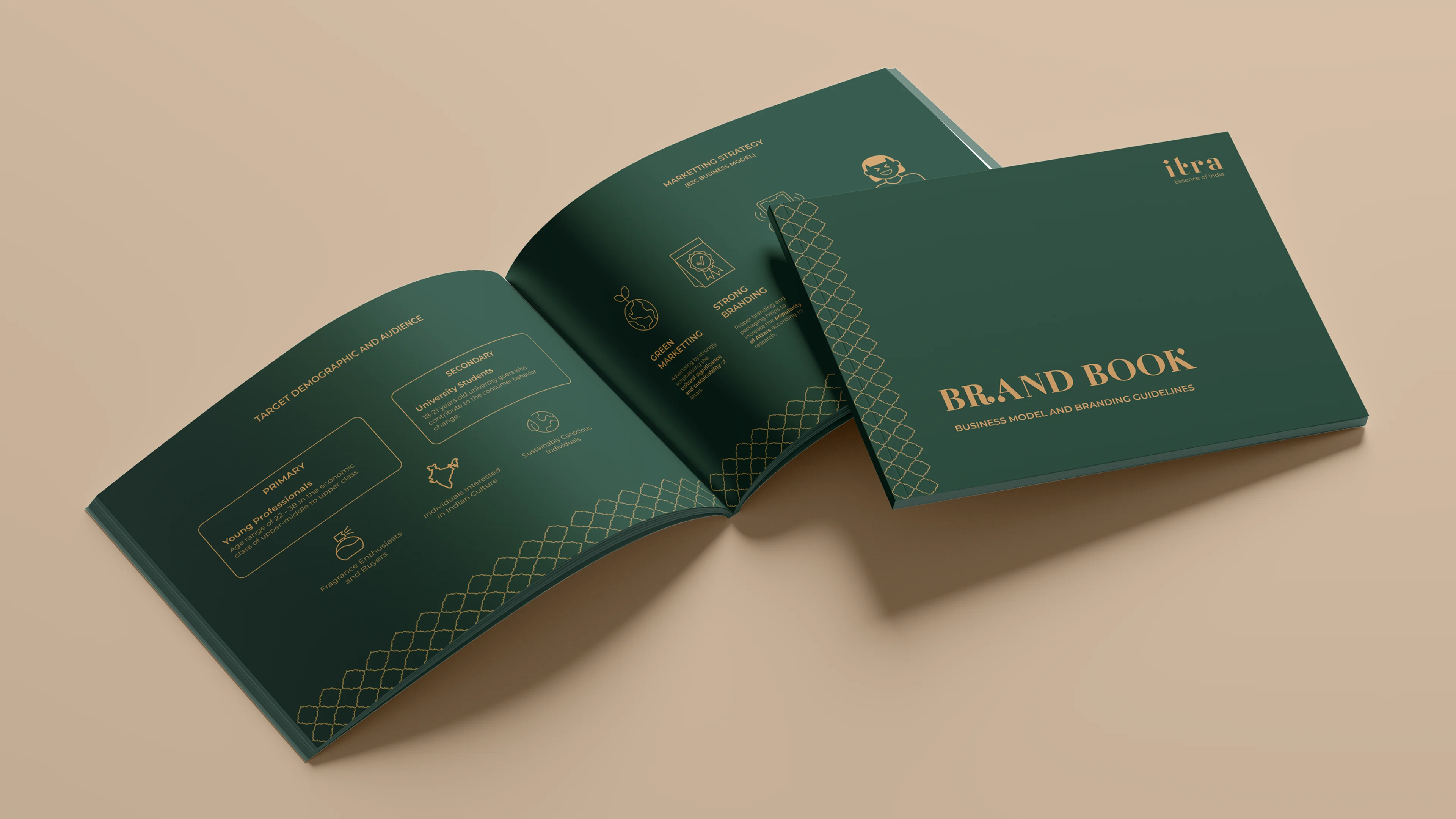 Itra brand book cover reading Brand Book - Business Model and Branding Guidelines, with open interior spread showing target demographic and marketing strategy in forest green and gold