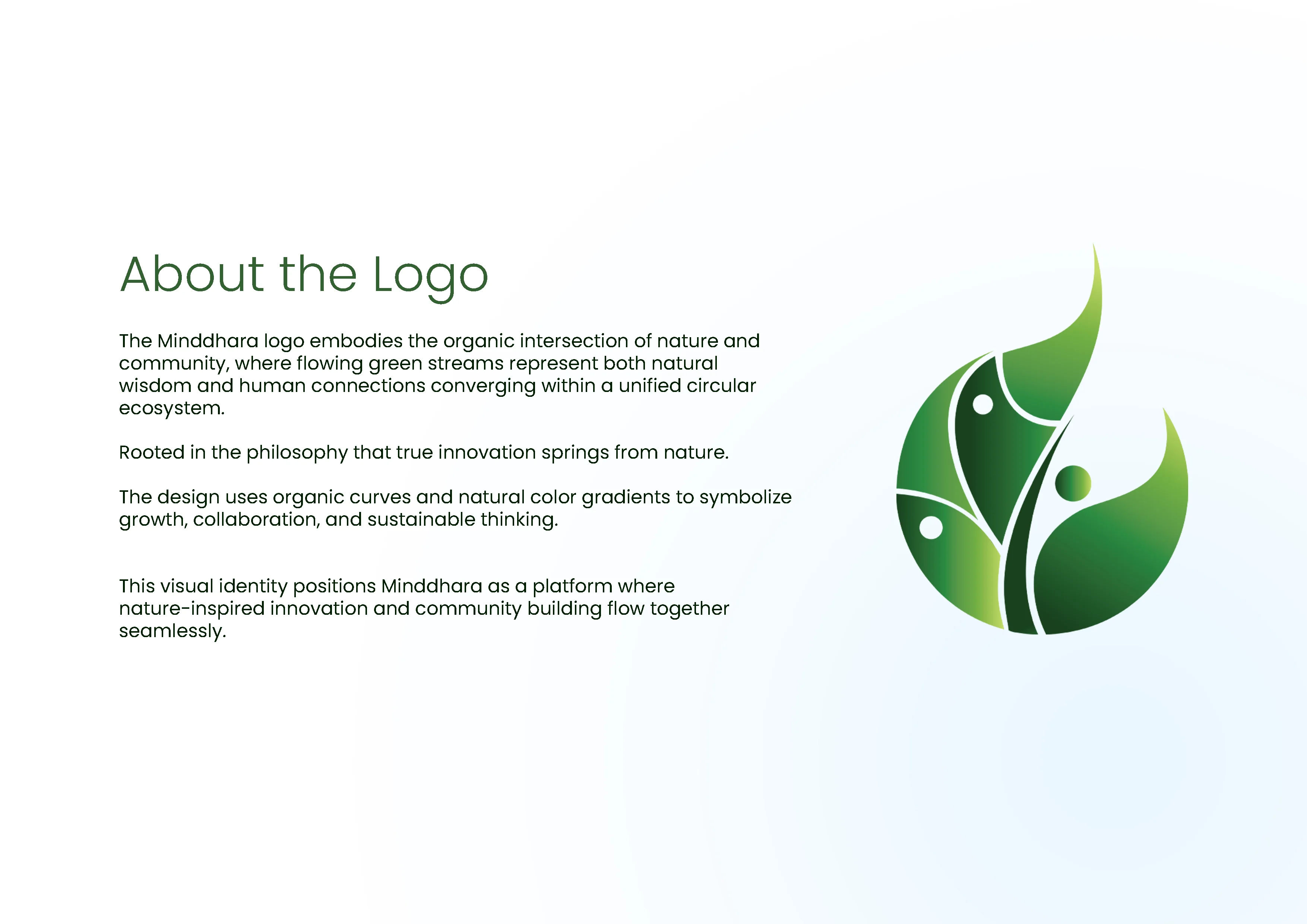 About the Logo slide showing the MindDhara icon close-up with rationale text explaining the organic intersection of nature and community