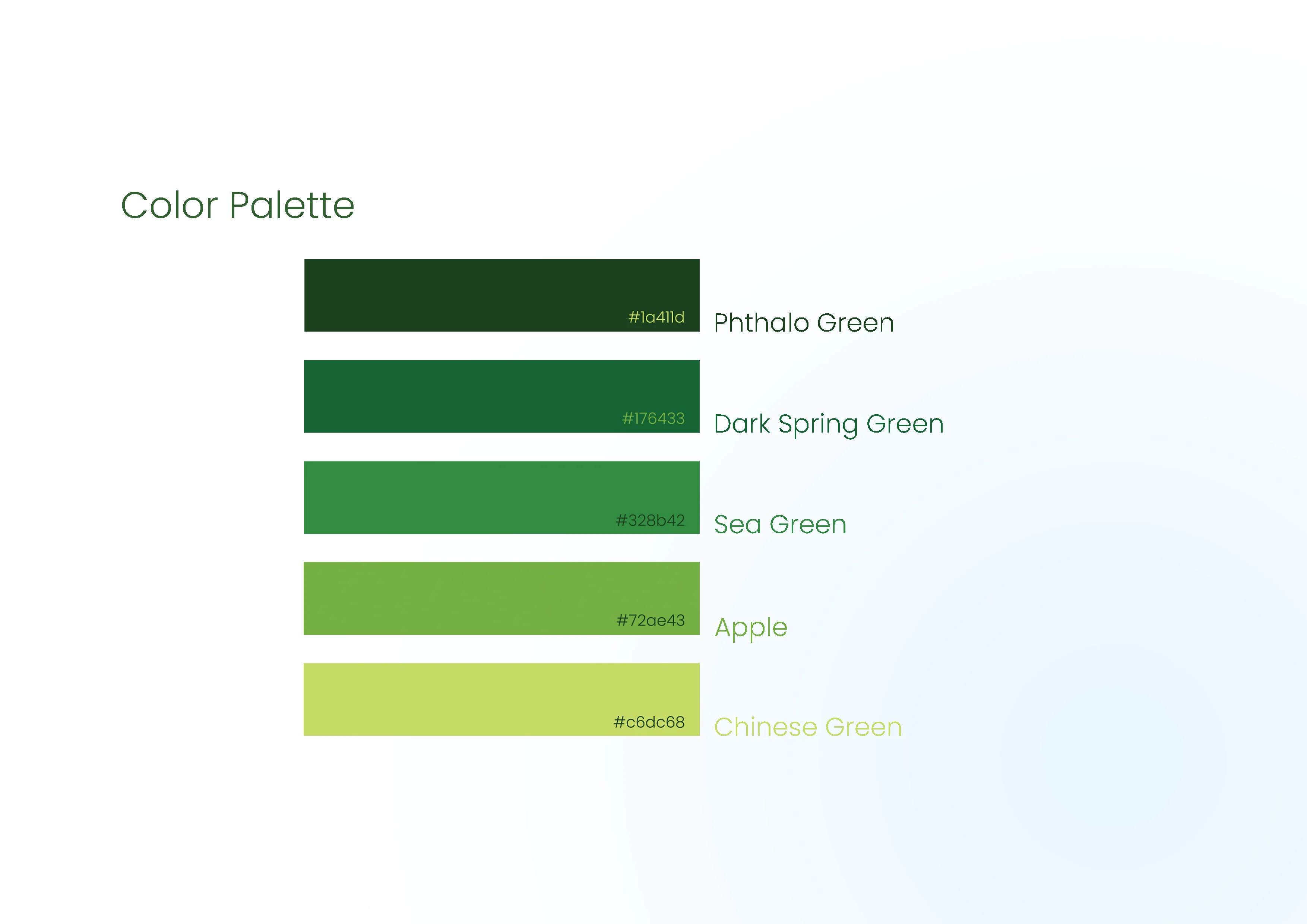 Color palette showing five green swatches from darkest Phthalo Green to lightest Chinese Green with hex codes labeled
