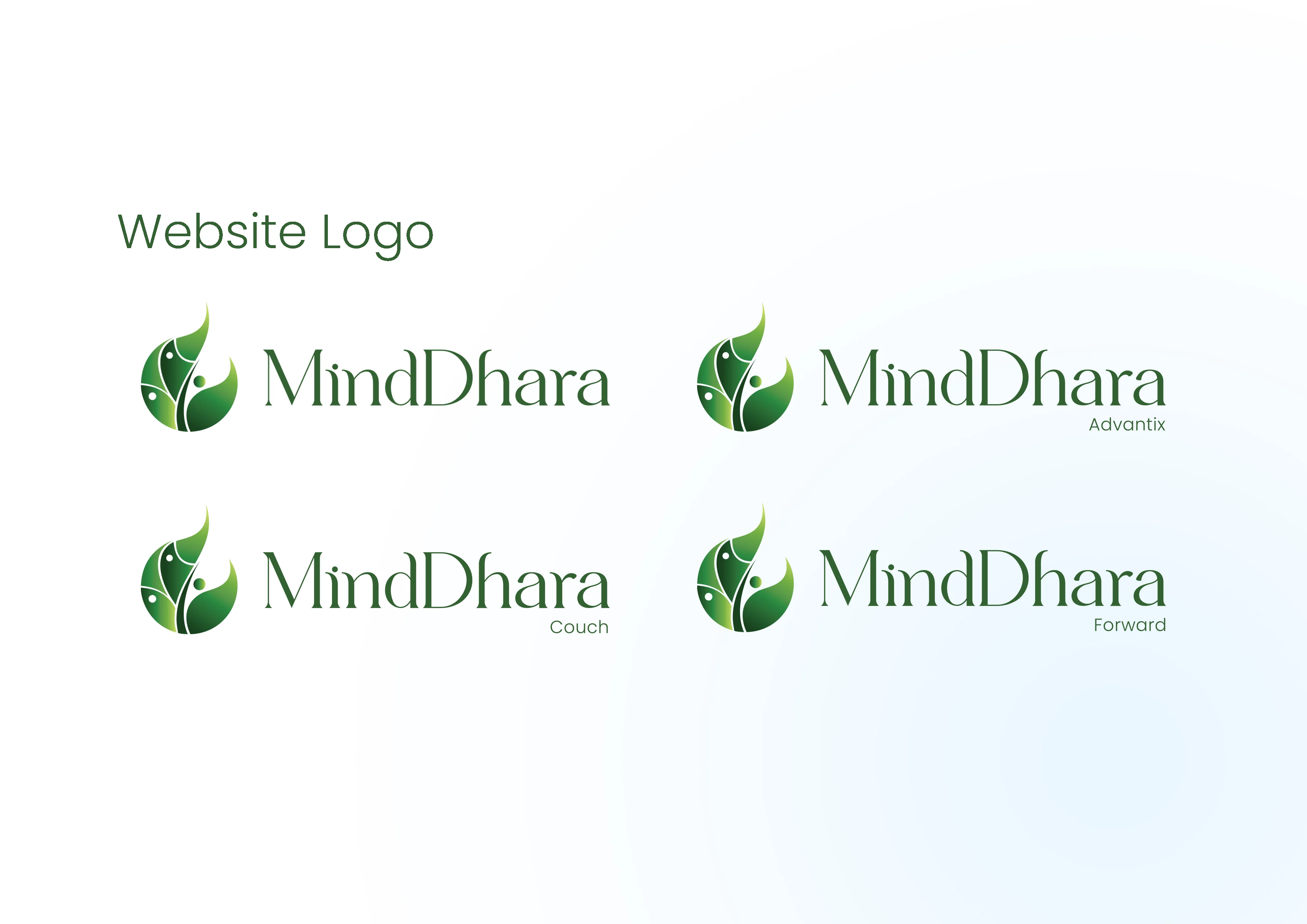 Website logo lockups showing all four MindDhara brands in horizontal format with icon and wordmark side by side