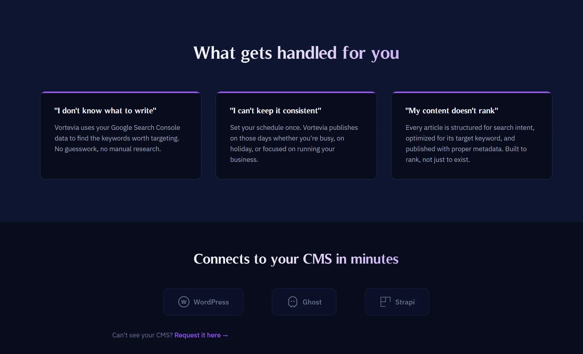 What gets handled for you: three objection cards on the Vortevia homepage