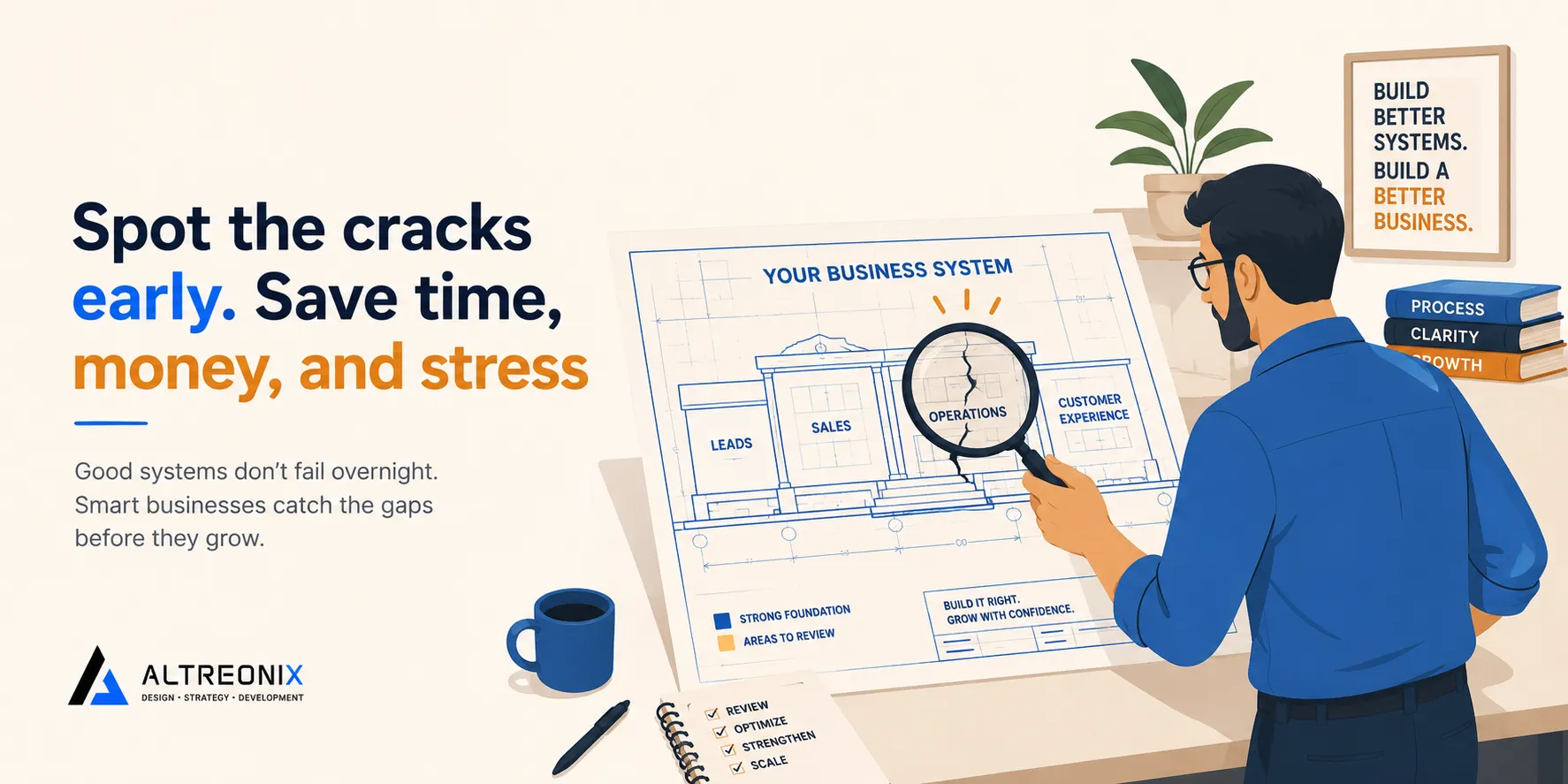 Illustration of a small business owner examining a cracked or stalled AI project blueprint before it collapses, Altreonix branding