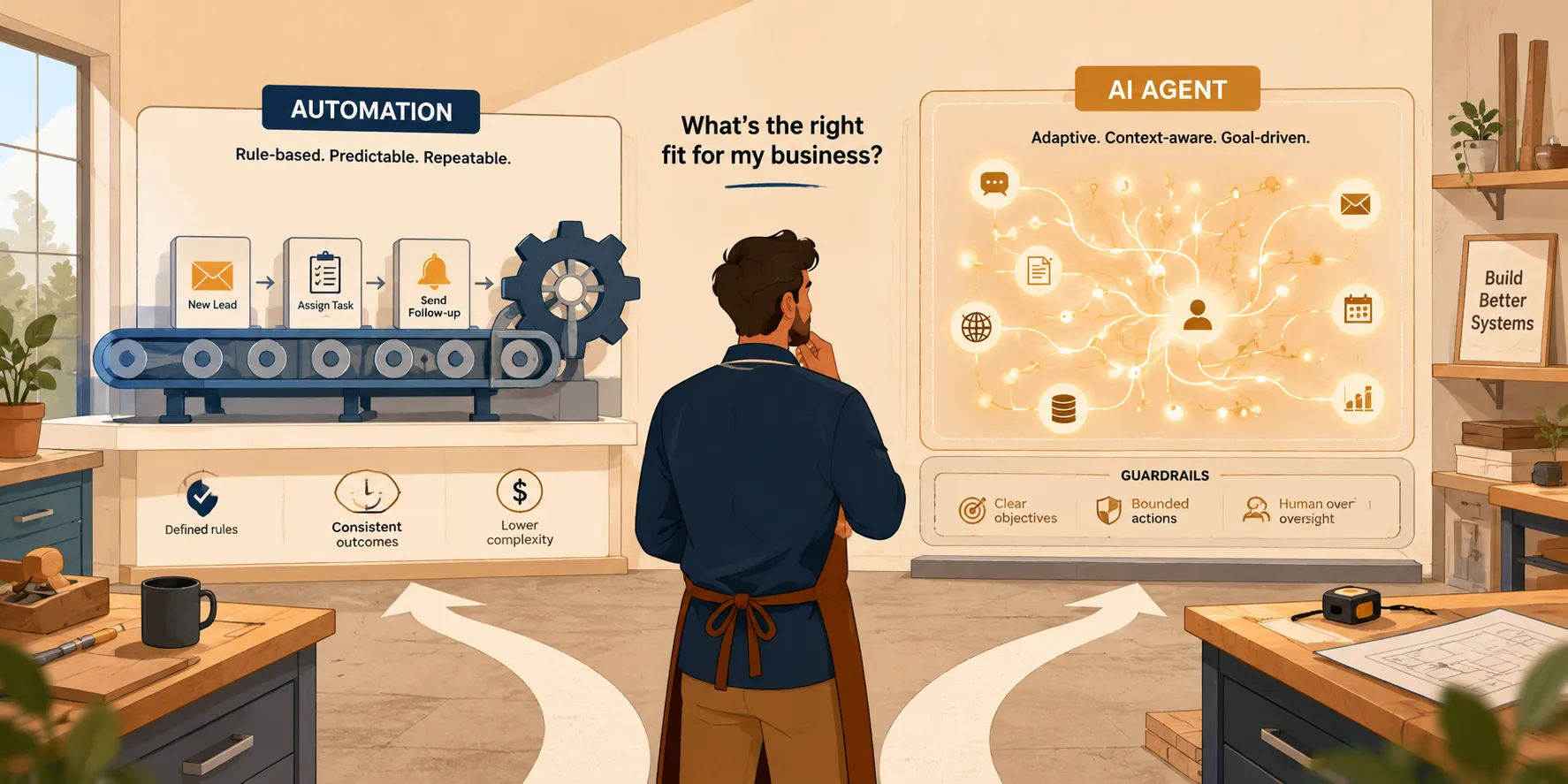 Illustration of a small business owner at a decision point between simple automated tools and an adaptive AI assistant