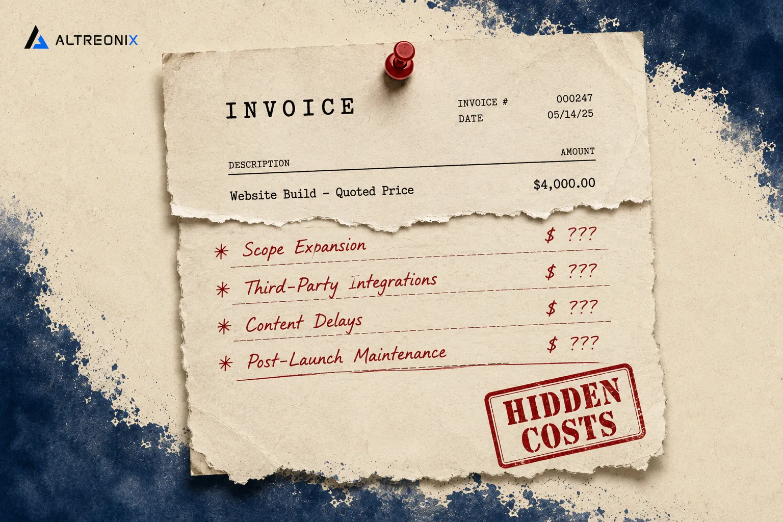 Infographic styled as a torn invoice showing hidden website costs: scope expansion, third-party integrations, content delays, and post-launch maintenance
