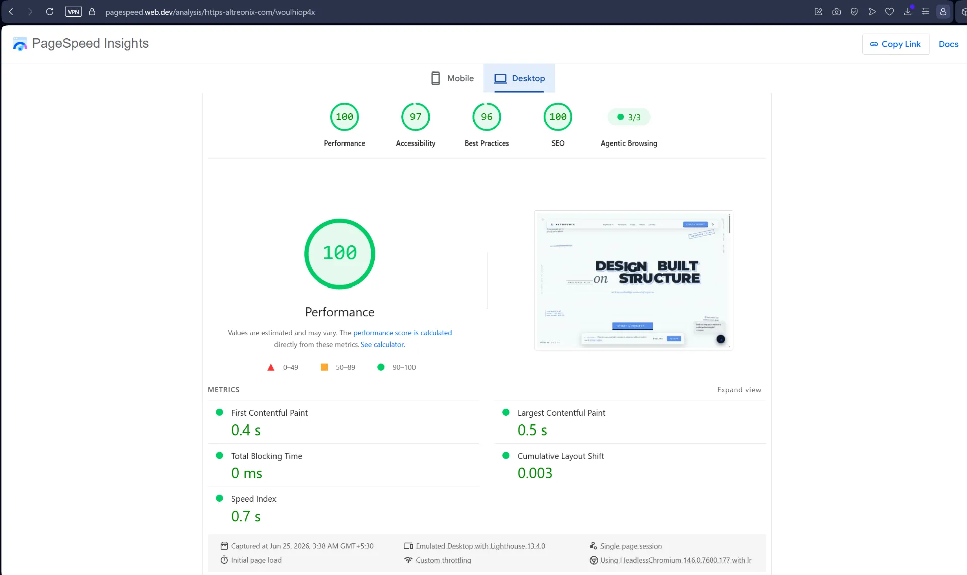 Google PageSpeed Insights desktop report for Altreonix.com showing a Performance score of 100, SEO 100, Accessibility 97, and Best Practices 96