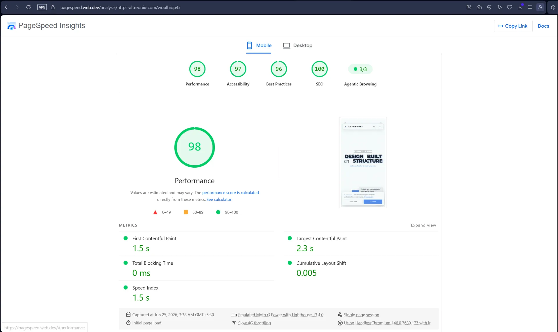 Google PageSpeed Insights mobile report for Altreonix.com showing a Performance score of 98 with a 2.3 second Largest Contentful Paint
