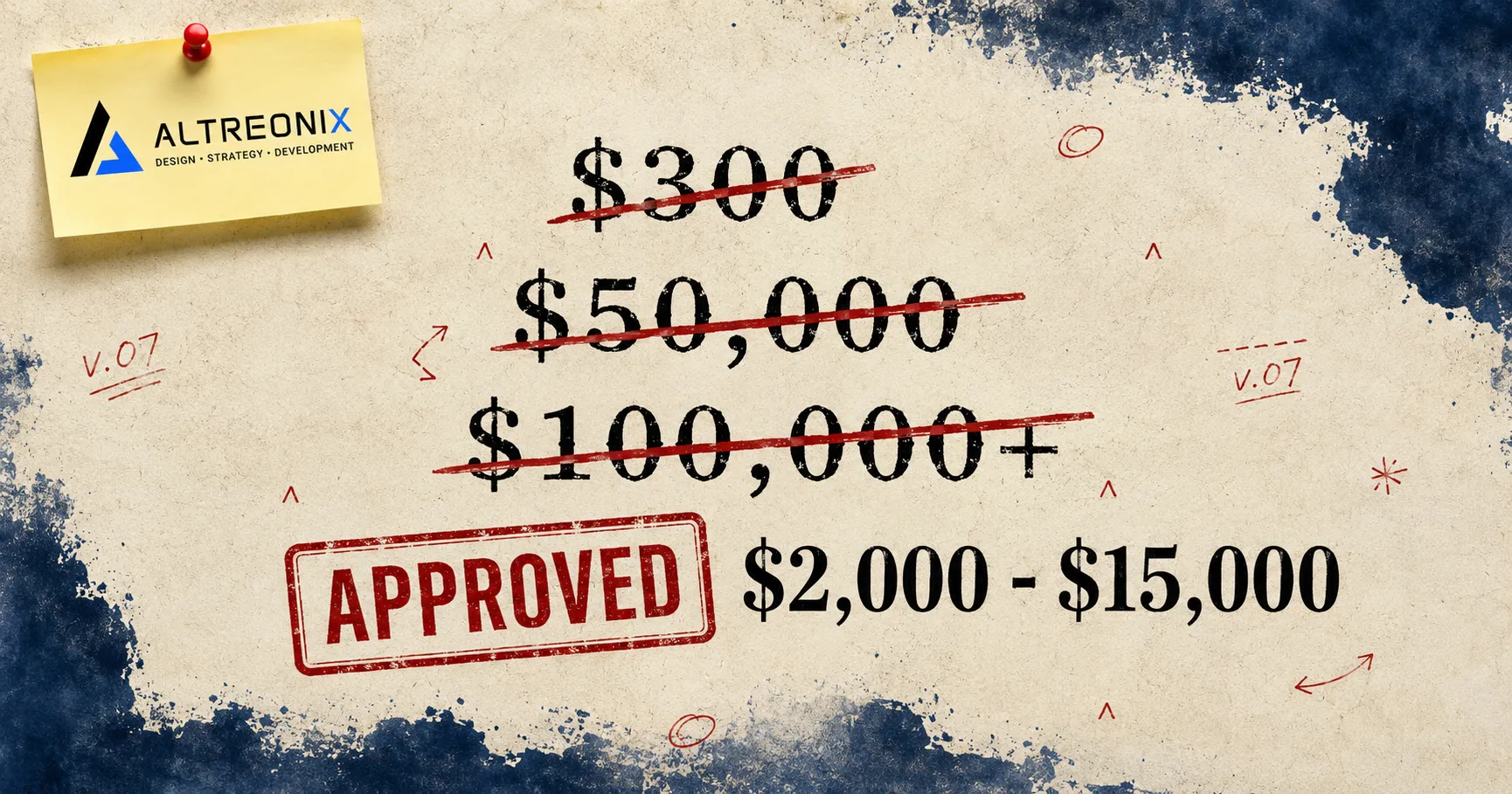 Editorial manuscript-style graphic with $300 and $50,000 crossed out in red ink and $2,000 to $15,000 stamped APPROVED, in the Altreonix blue and cream brand style