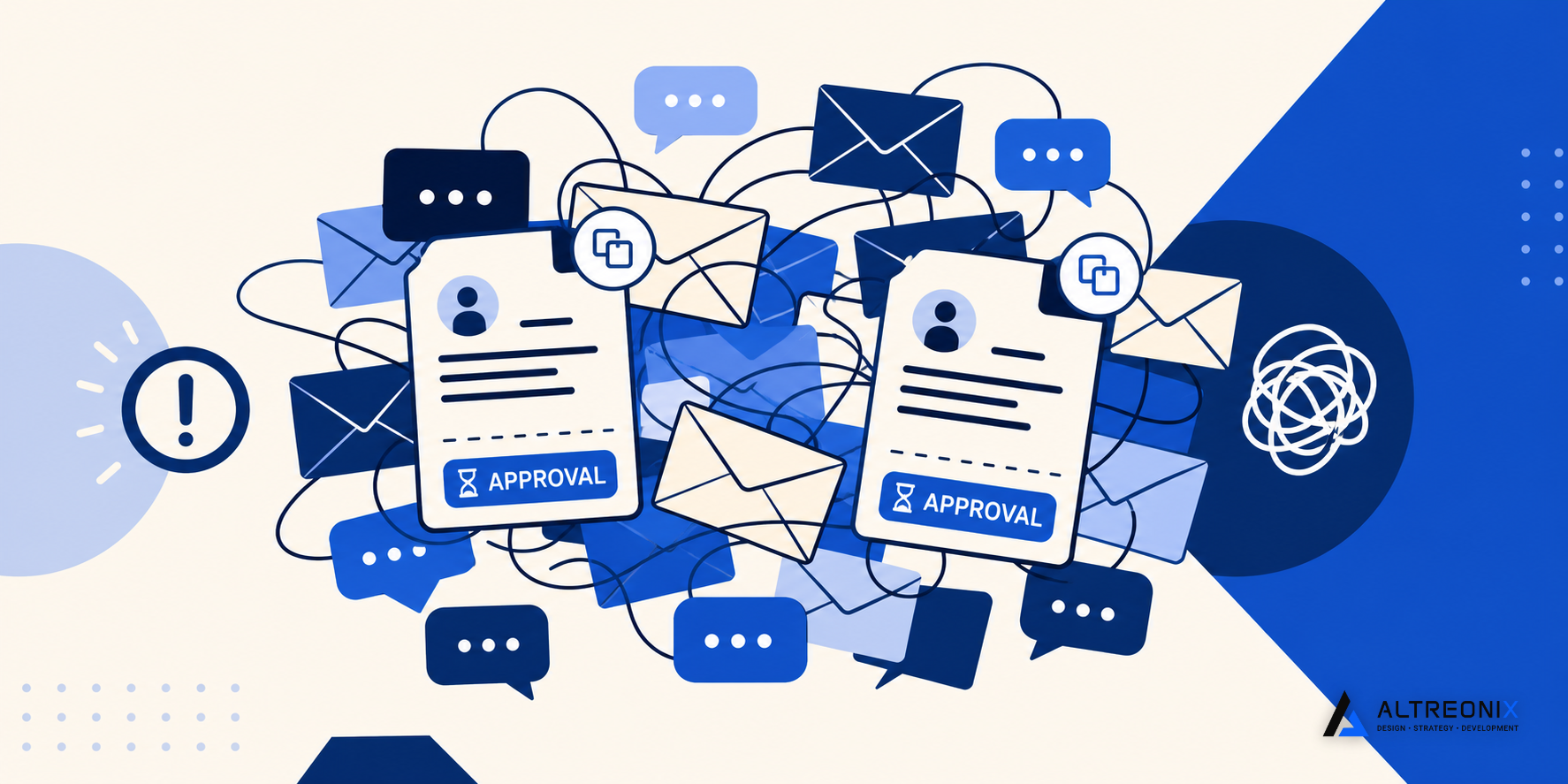 Illustration of an approval request stuck and duplicated across scattered email and chat threads