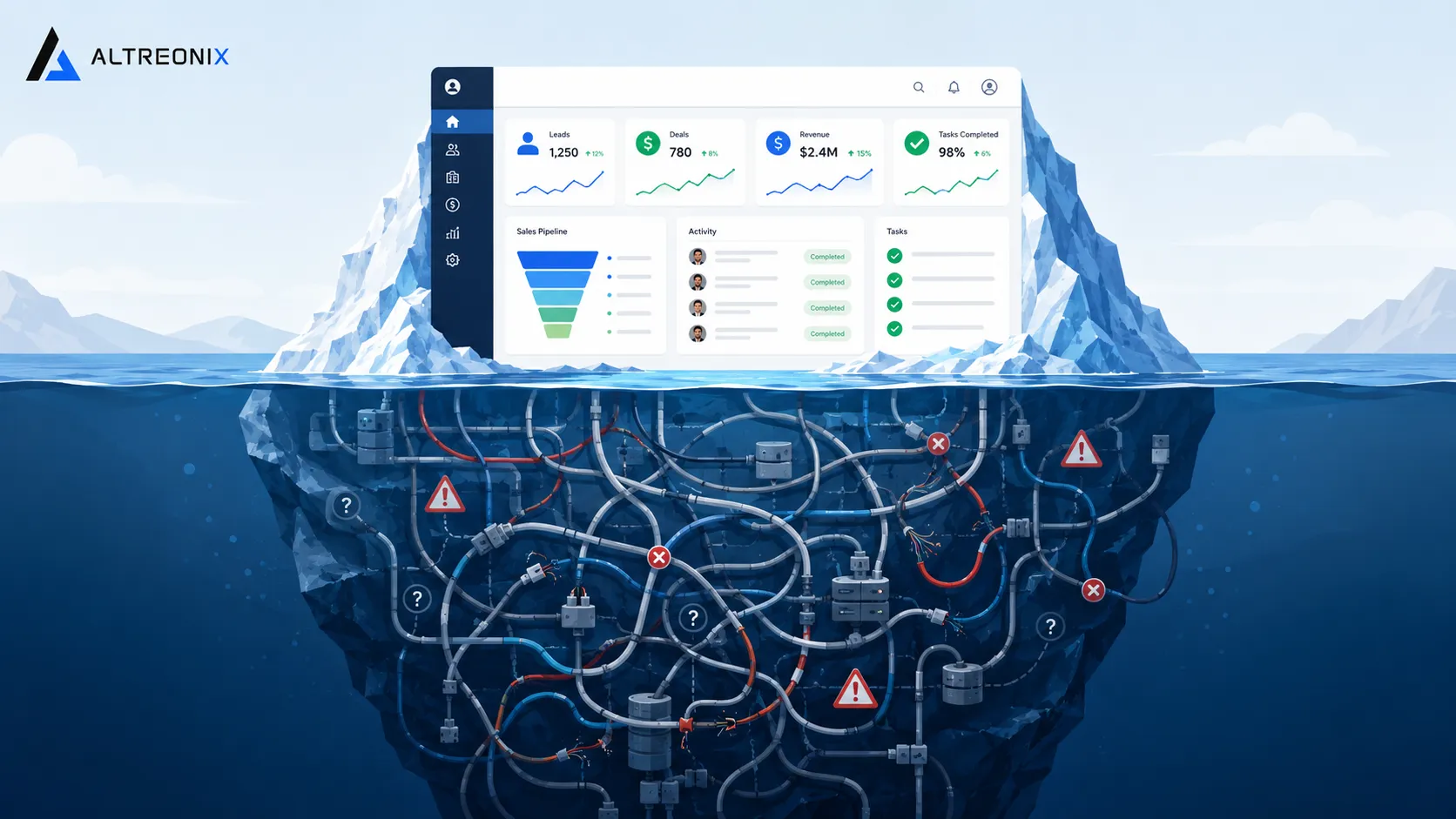 Illustration of a CRM dashboard that looks polished above the surface but has tangled, broken connections underneath, like an iceberg