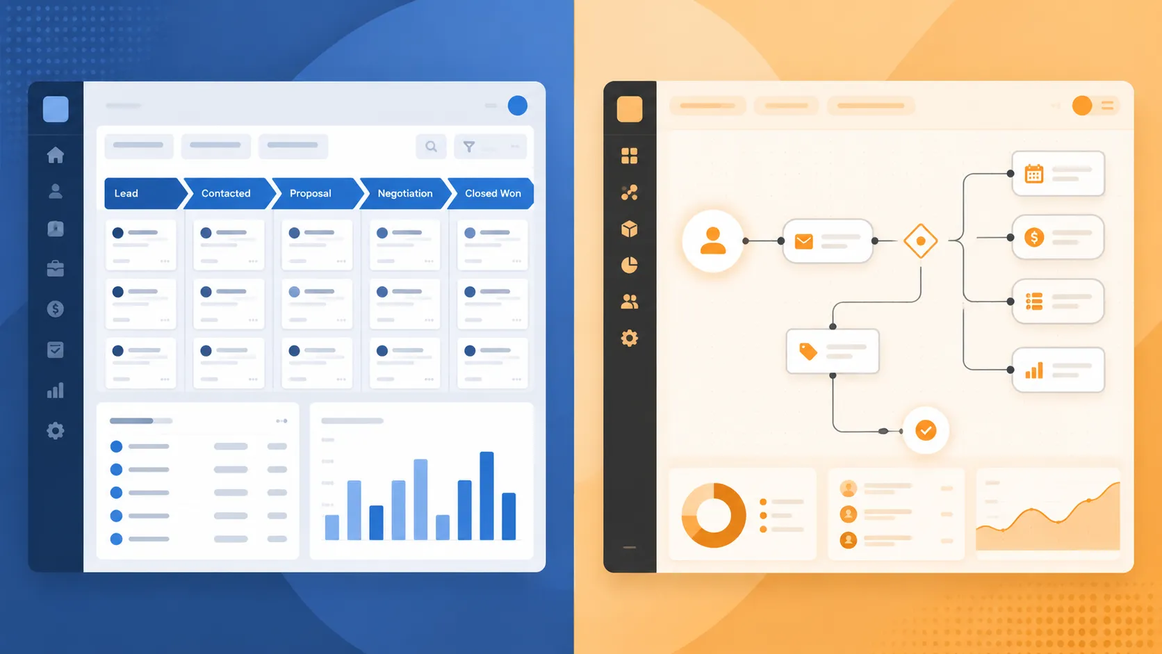 Split illustration comparing custom CRM and off-the-shelf CRM software for SMBs