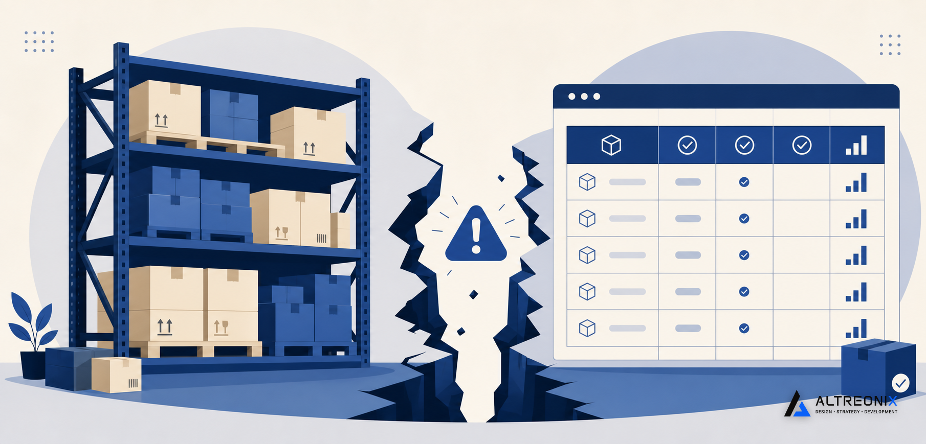 Illustration of a warehouse inventory count drifting apart from a spreadsheet's recorded numbers