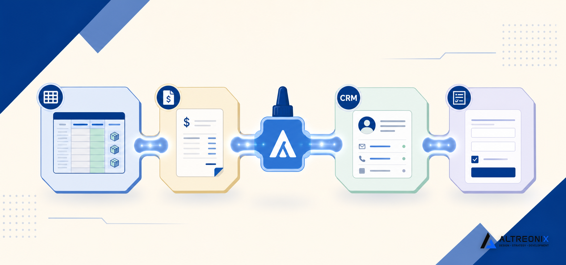 Illustration of automation acting as connective glue between separate existing business tools