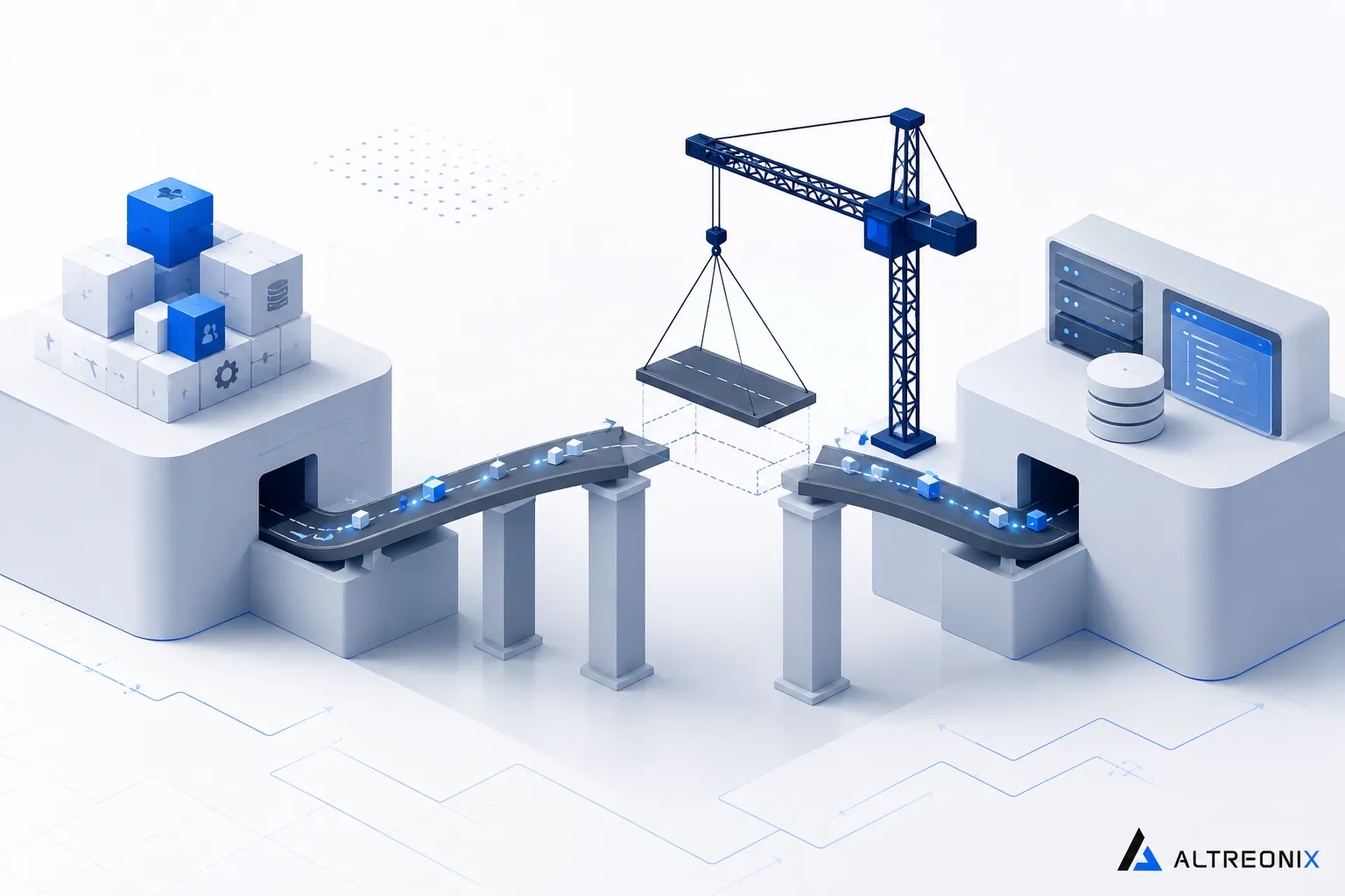 Illustration of a bridge being built between two platforms while traffic continues crossing, symbolizing a phased software migration