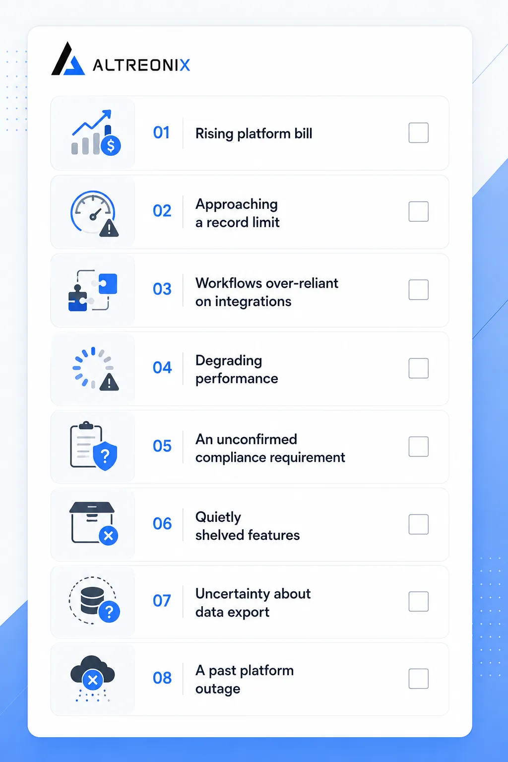 Checklist illustration of eight signs a business has outgrown its no-code platform