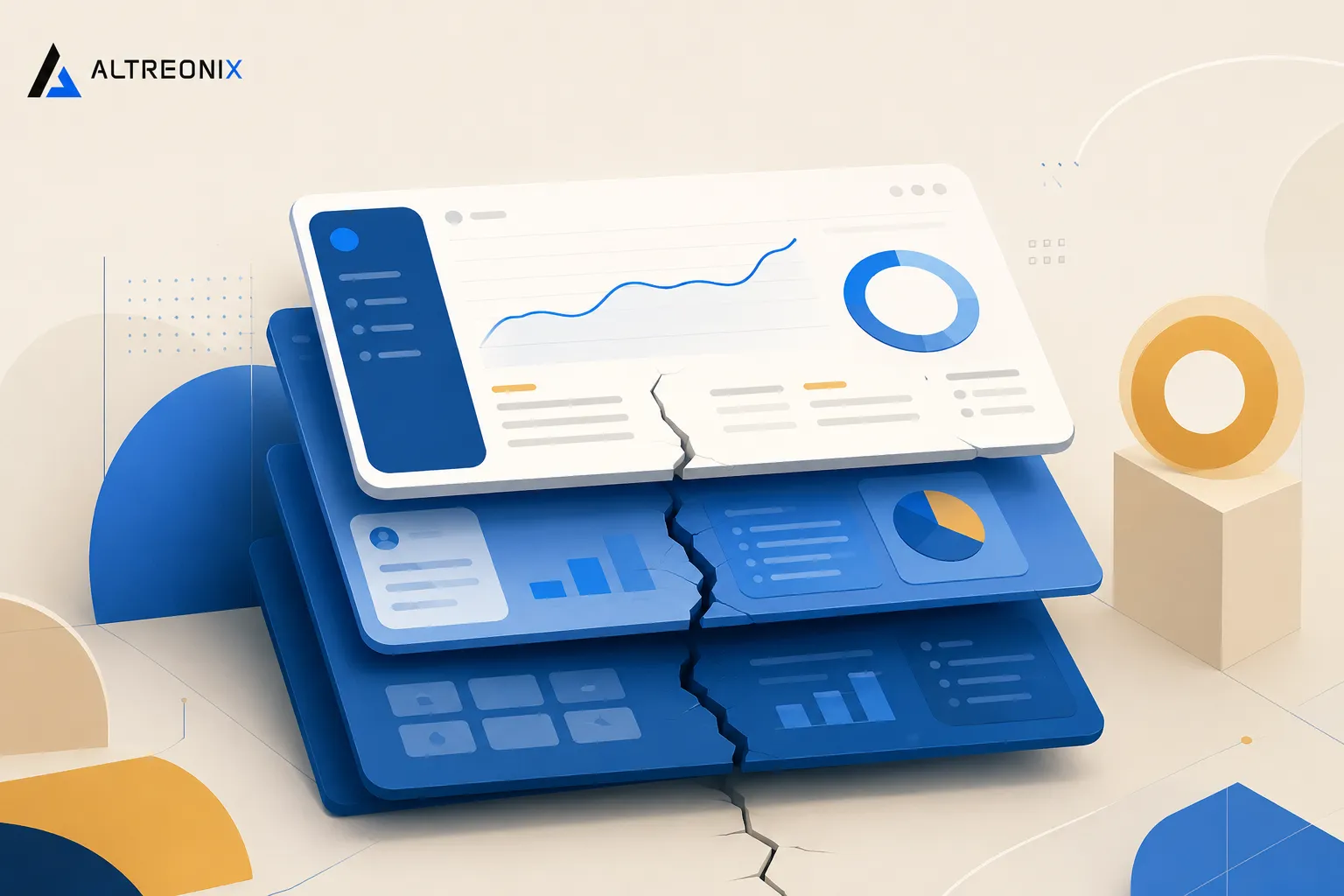 Illustration of a business dashboard reaching a scale threshold, symbolizing the point where no-code tools stop keeping pace with growth
