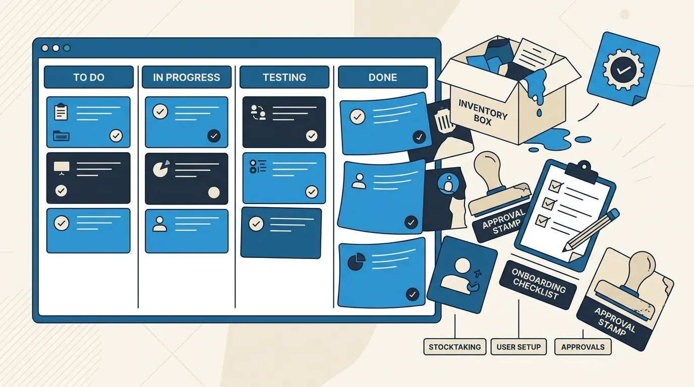 Illustration of operational task icons awkwardly forced into a rigid software sprint board structure