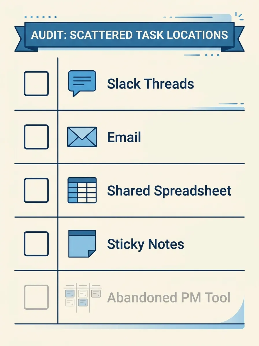 Checklist infographic for auditing where operational tasks currently live before choosing a tracking tool